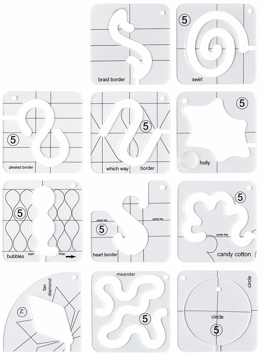 Plastic Medium to High Shank Ruler Foot Free Motion Quilting Template 11PC Sets