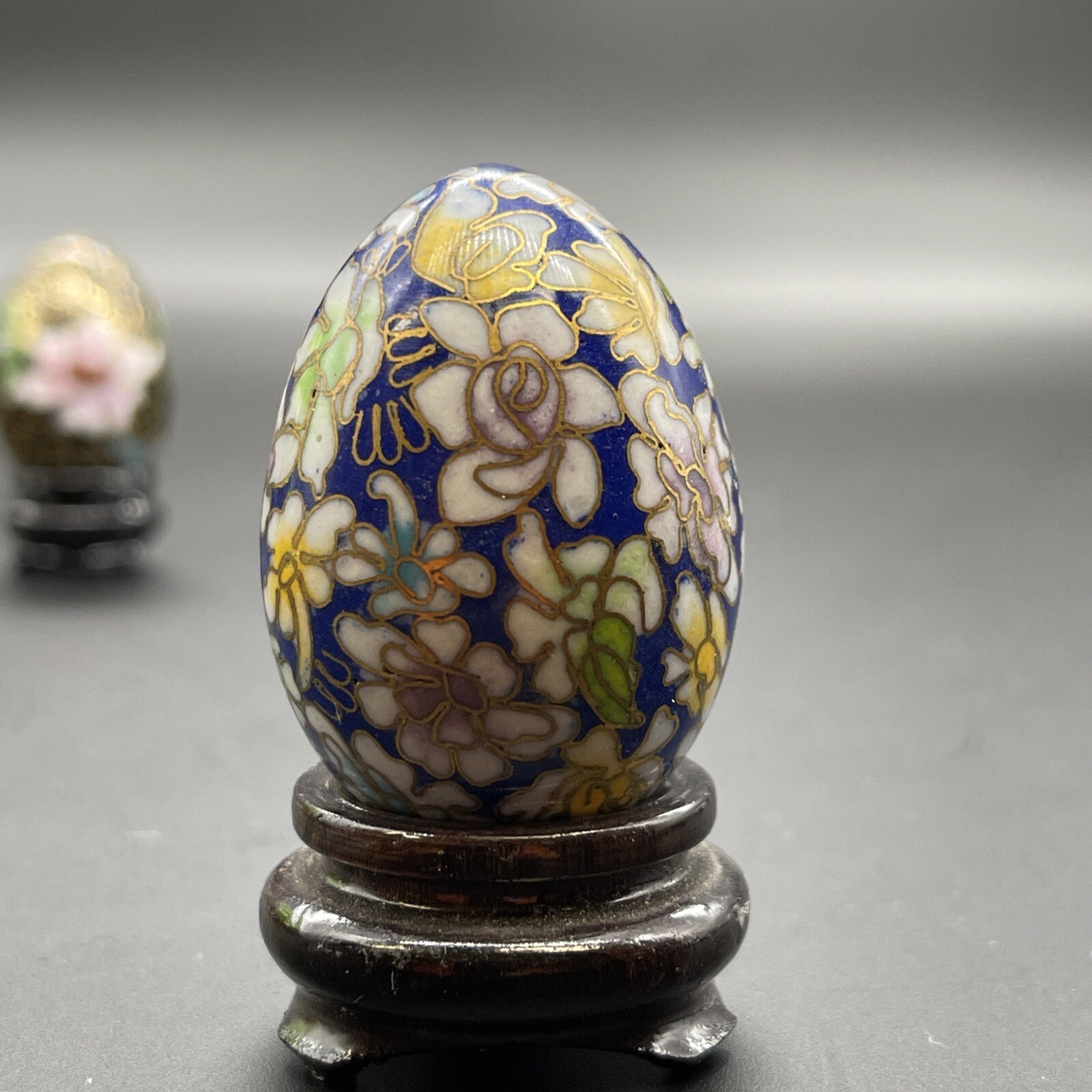 Cloisonné Eggs & Wooden Stands Floral Multicolor & Gold Design Small