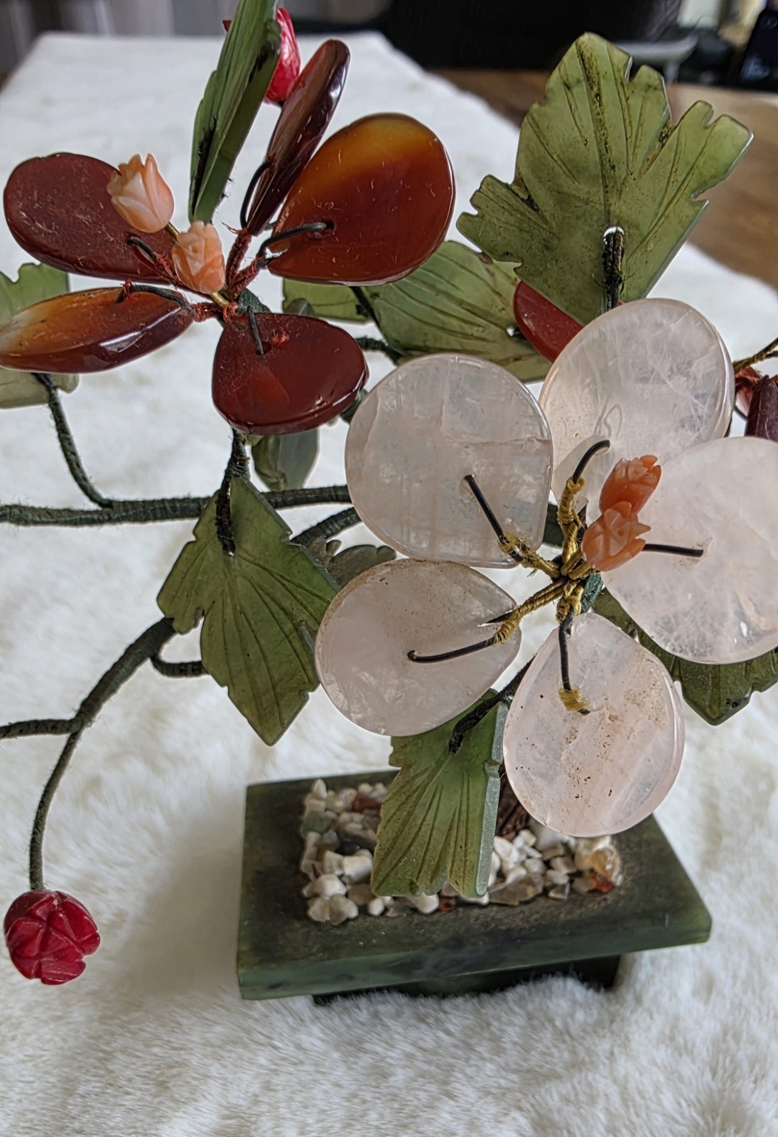 Small Hand Carved Chinese Jade & Semiprecious Stone Flower Bonsai Tree Figurine