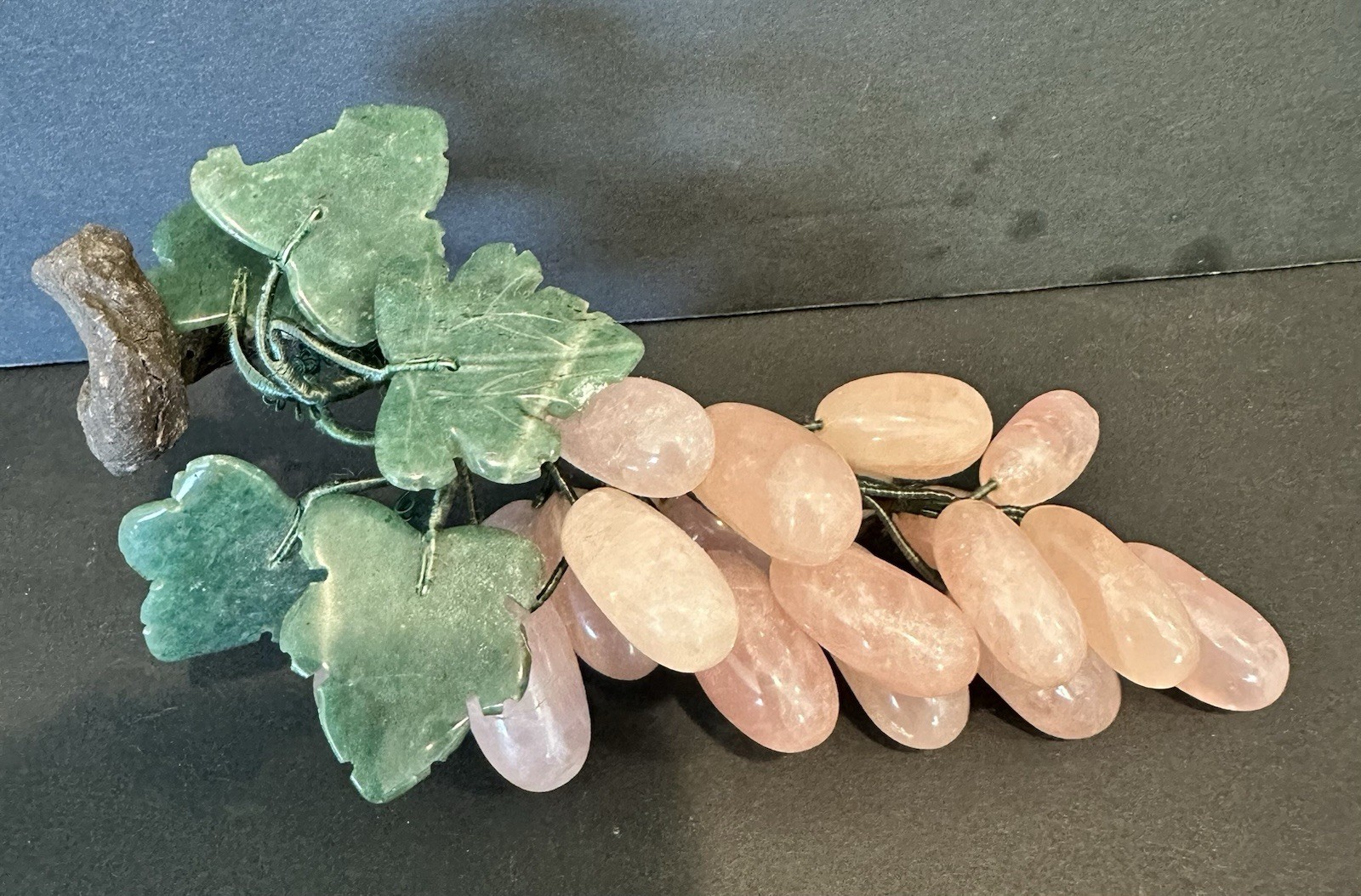 Grape Cluster With Pink Rose Agate Quartz Carved Jade Leaves Pink MCM 1950s
