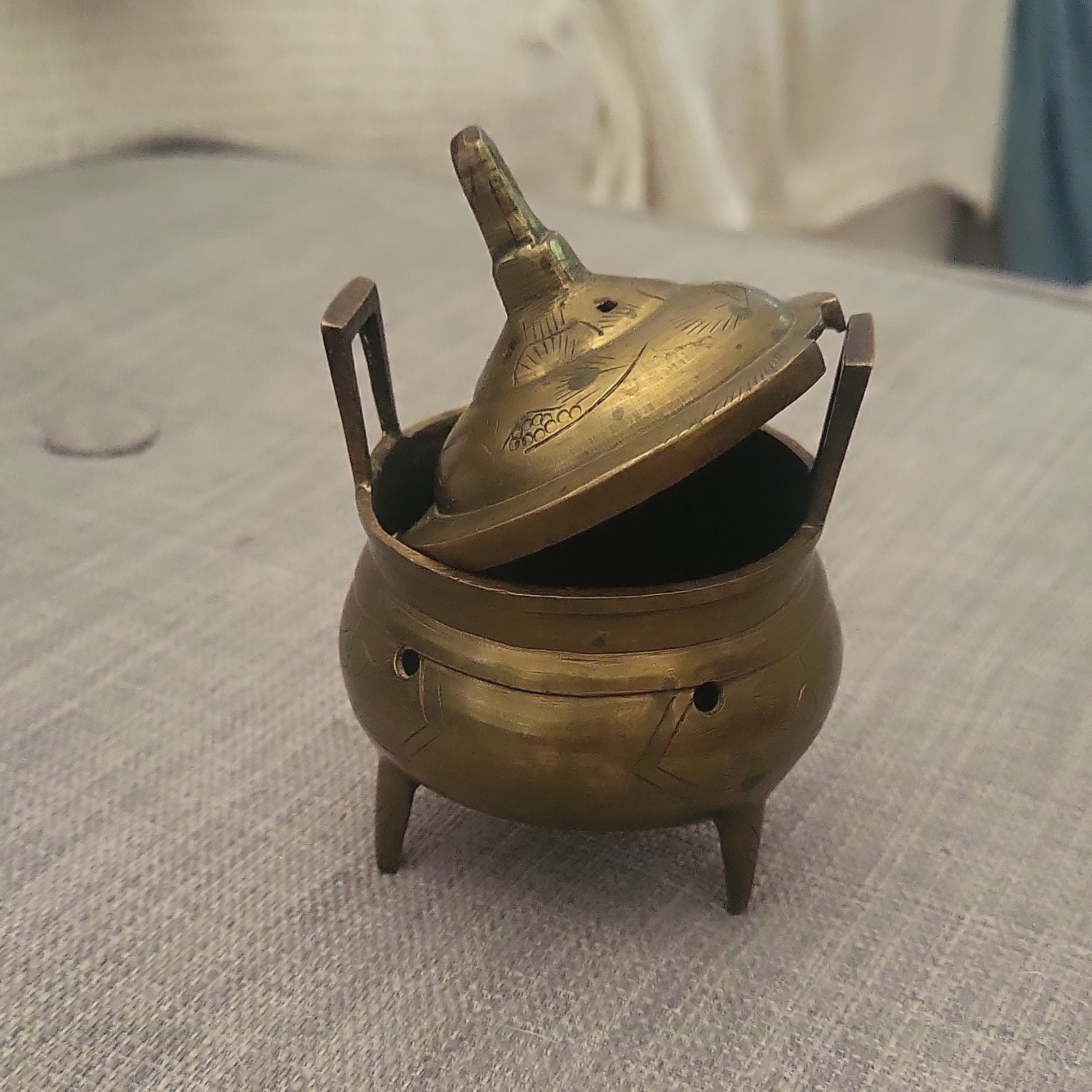 Chinese Brass Tripod Incense Burner Censer w/ Lid, Stamped “CHINA”