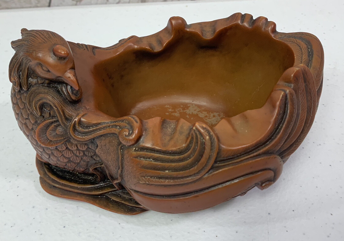 Vintage Chinese Boxwood Hand Carved Peng Bird Ashtray Trinket Box