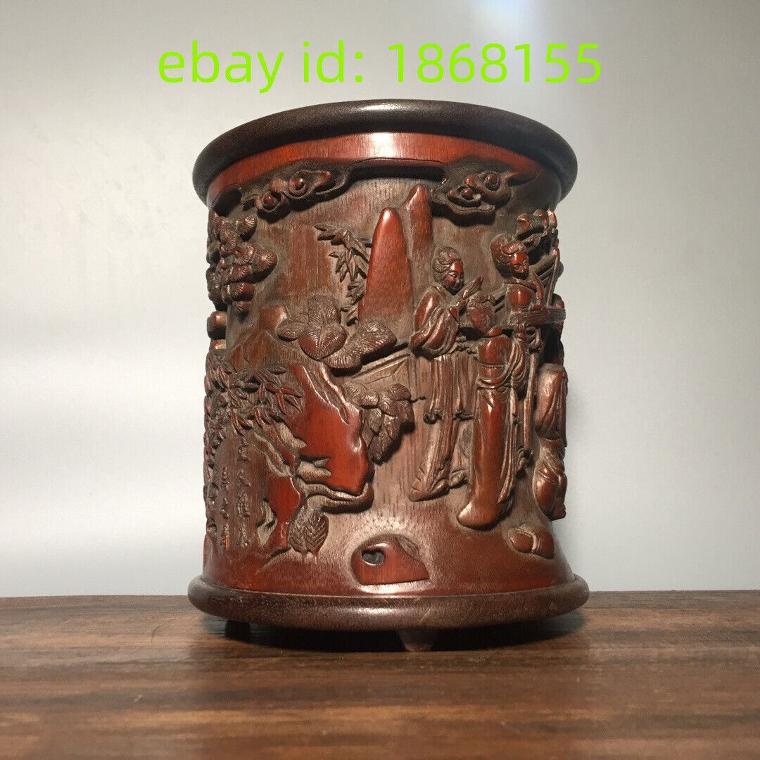 6.5″ old Hand-carved four virtues of refined people statue bamboo Pen Brush pot
