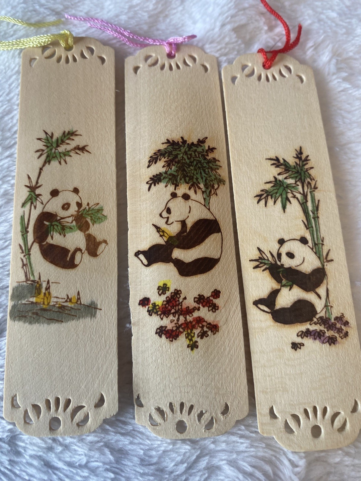 Vintage Chinese Bookmarks Wood Pandas Fabric Box Sets 6 Bamboo