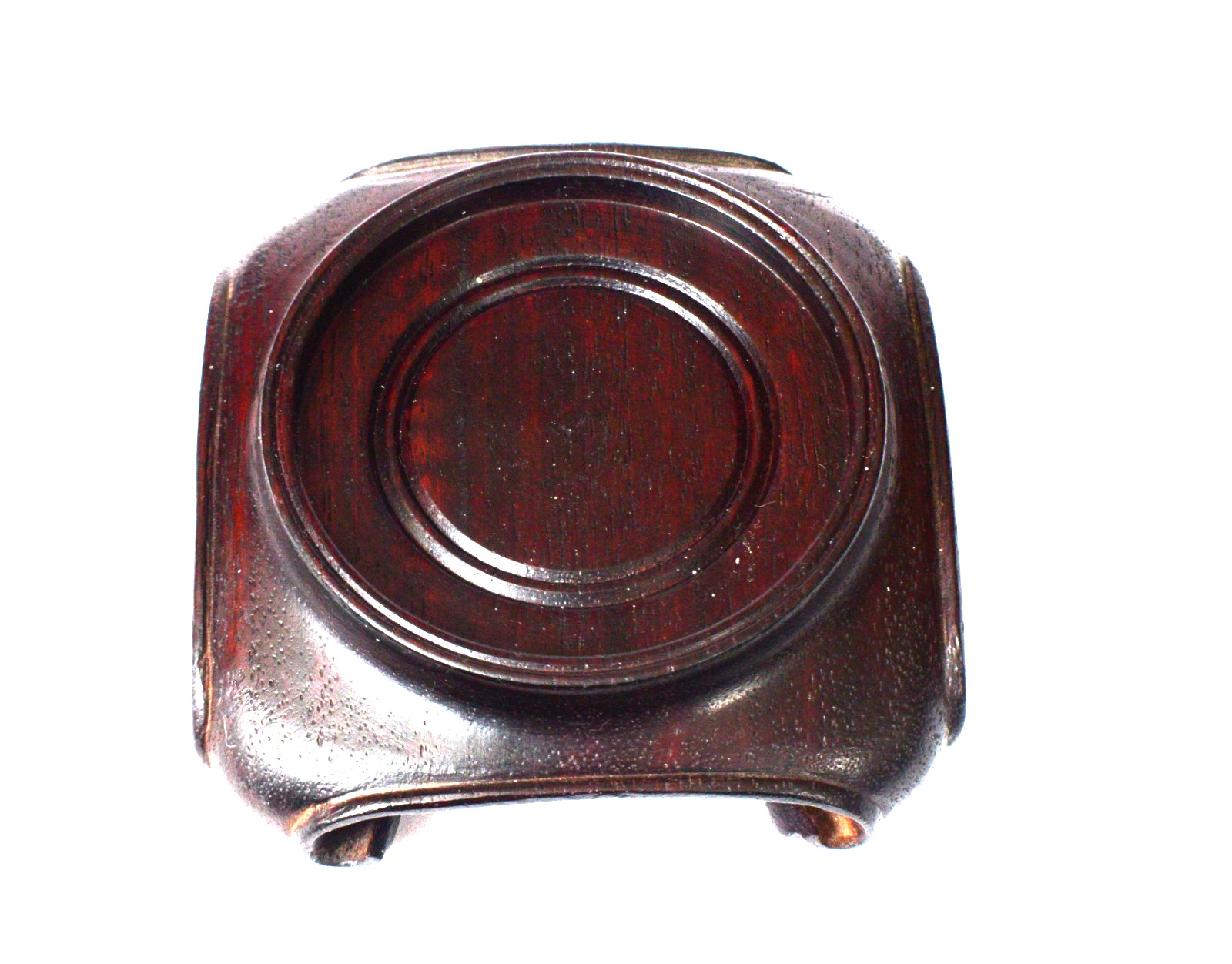 Vintage Chinese Round Brown Wood Stand w/Square Scroll base 2 1/2″ diam top S30