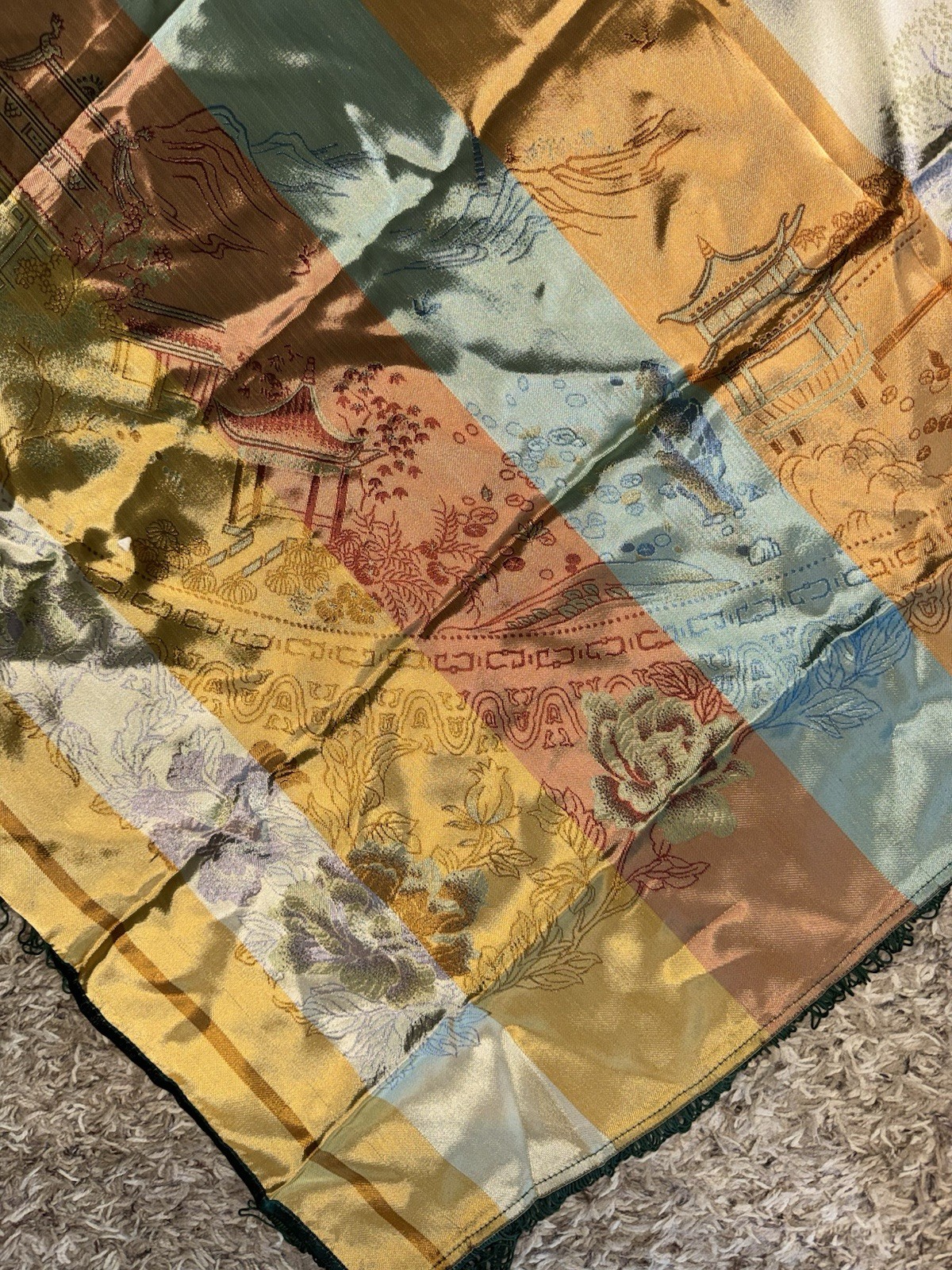 VTG Hangzhou Chinese Silk Brocade Piano Scarf Dragon Phoenix Tablecloth 48”