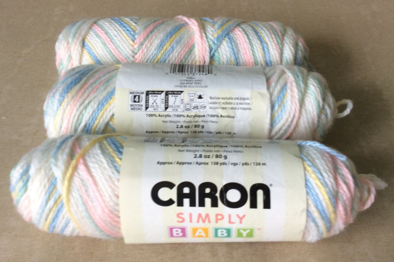 3 skeins Caron Simply Baby acrylic yarn Aran 85 g each Oh Baby variegated pastel