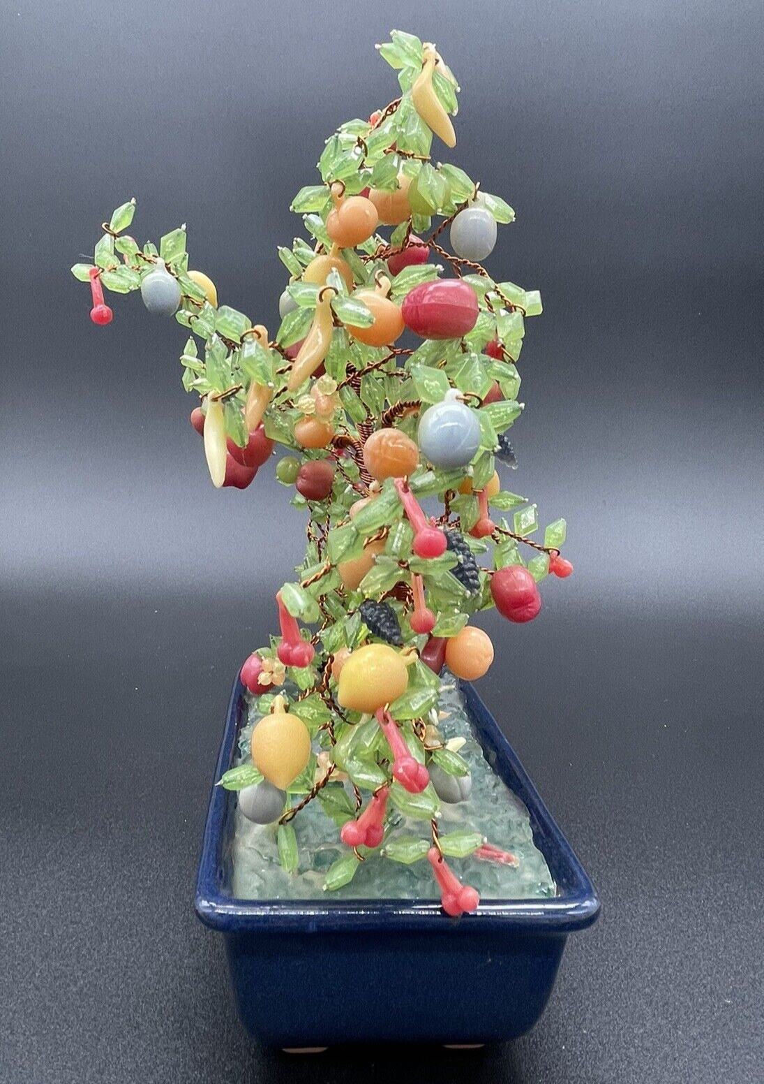 VTG Japanese Glass (? Acrylic) Fruit Bonsai Tree Copper Wire Apple Banana Cherry