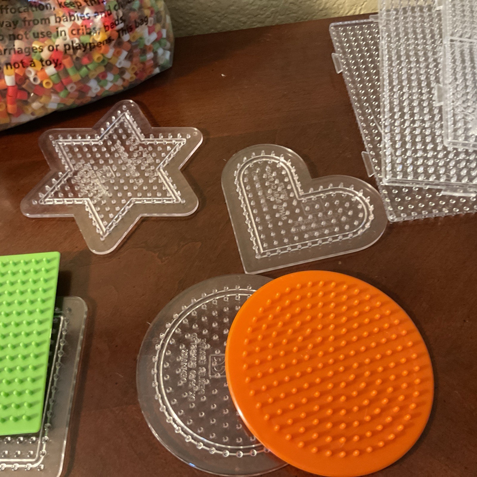 Perler Bead Lot- Two Bead Bags Peg Boards Many Shapes Black White Clear