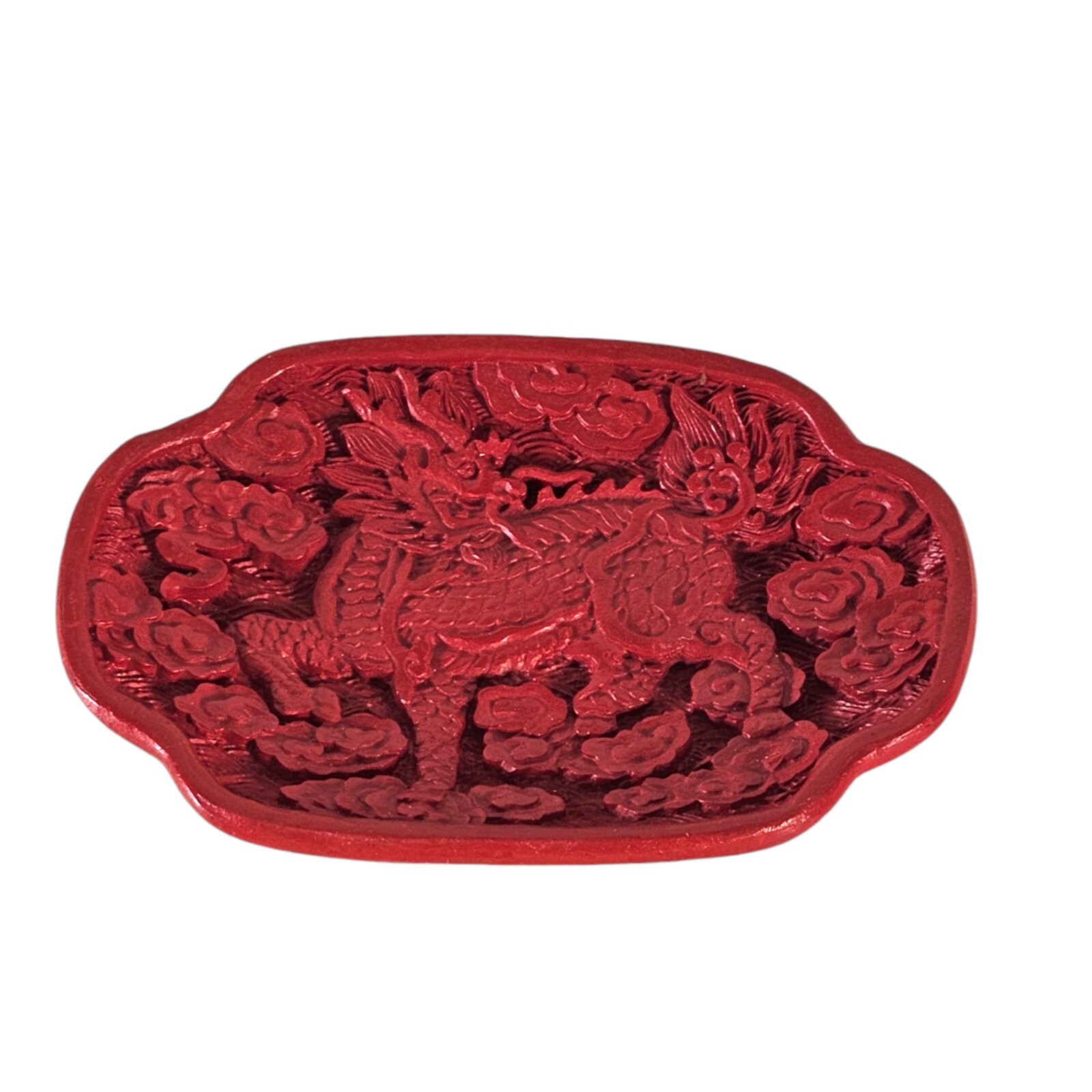 Vintage Chinese Decorative Cinnabar Lion Fu Dog Foo Dog Clouds Carved Dish 4″