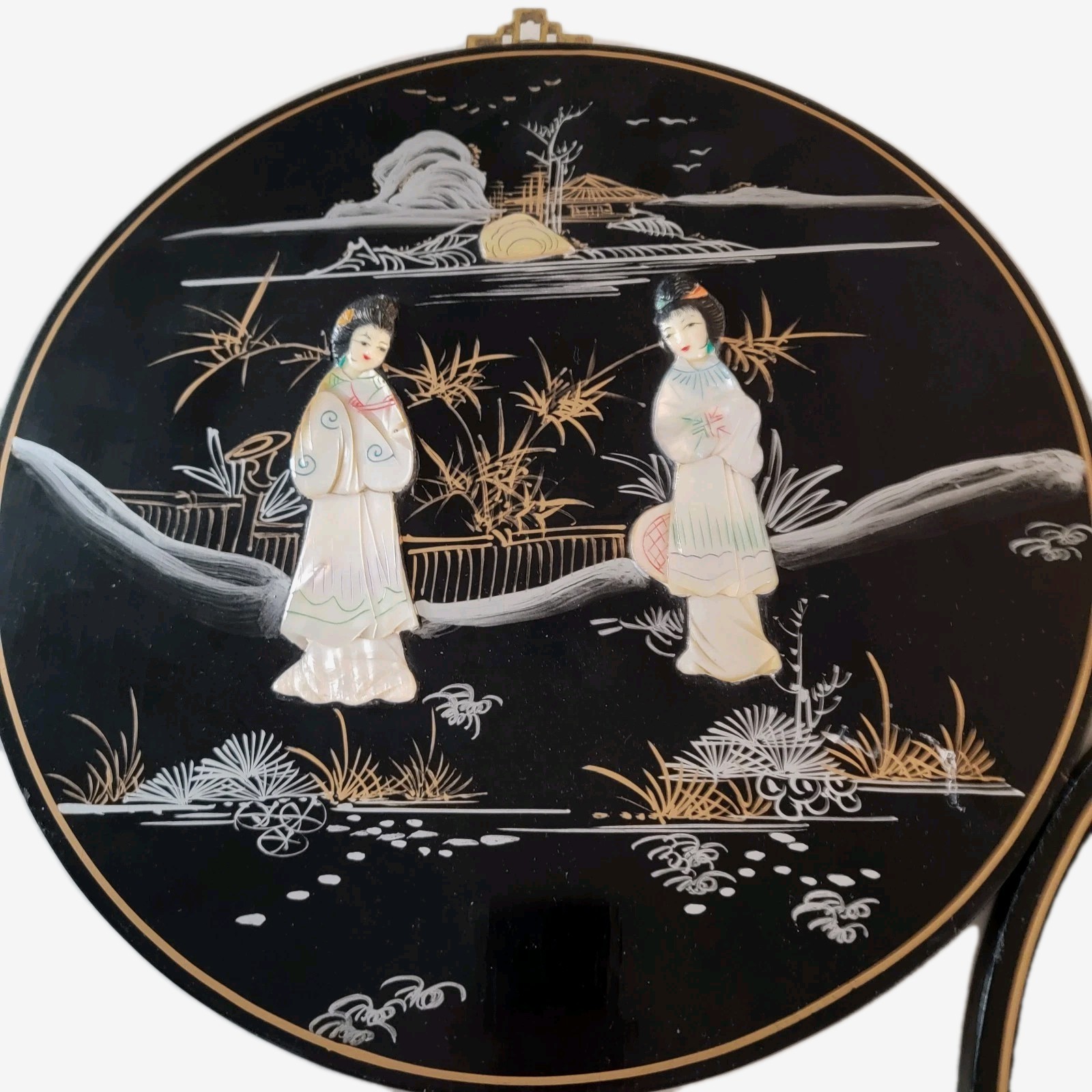 Geisha Mother of Pearl 14″ Wall Plaques Black Round CPC Made In Macau, Set Of 2