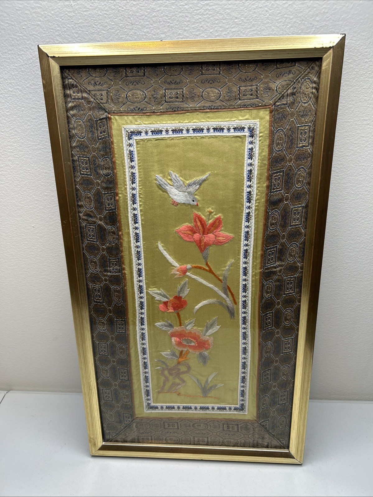 Asian Embroidered Silk Panel Bird Flowers Wood Framed Textile 10″ x 17 1/2″