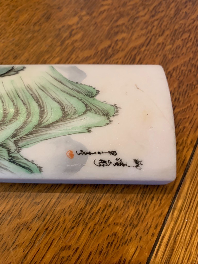 Japanese Asian Oriental Chinese Paperweight Hand Painted Scenic Marble 6″ x 2.25