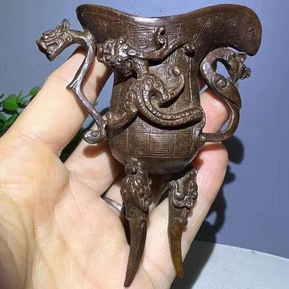 Old Chinese Copper Alloy Three-Legged Auspicious Beast Wine Vessel