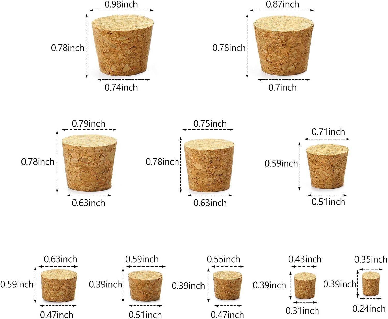 100 Pack Assorted Cork Stoppers Wine Bottle Corks Plugs 10 Sizes Replacement Tap
