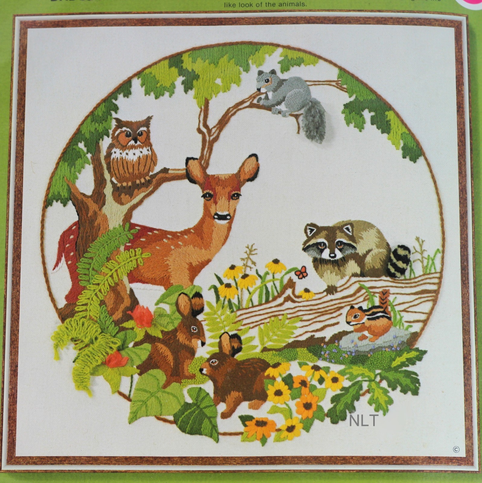 Vintage Crewel Embroidery Kit Woodland Scene Forest Animals Deer Raccoon Owl