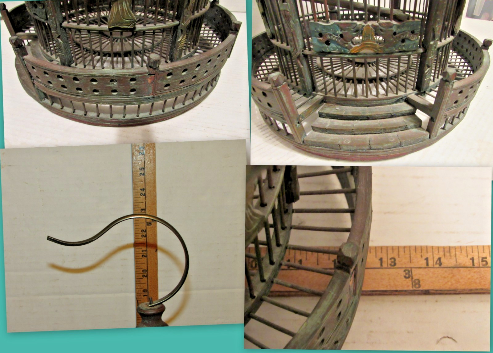Vintage Chinese Wood Carved Pagoda Bird Cage, Oriental Geisha, Round