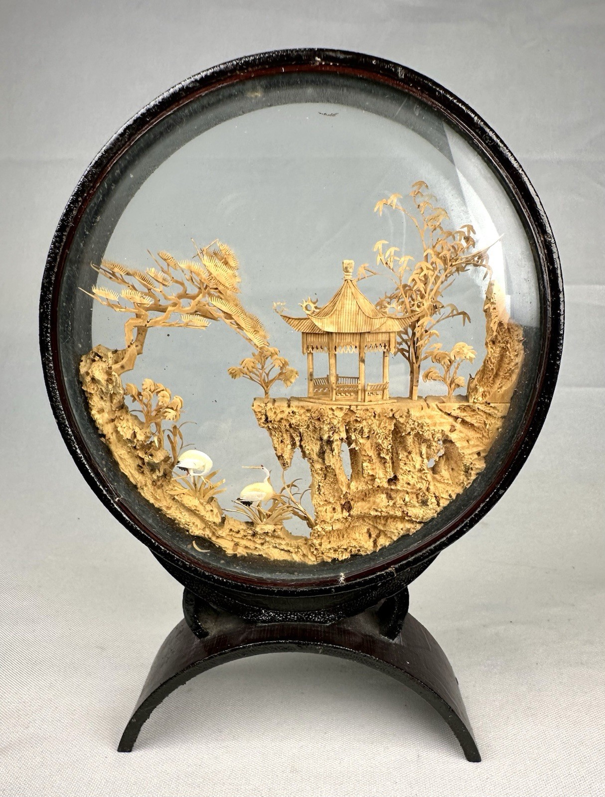 VTG Chinese Hand Carved Cork Diorama Shadow Box Asian Art Pagoda Cranes Trees