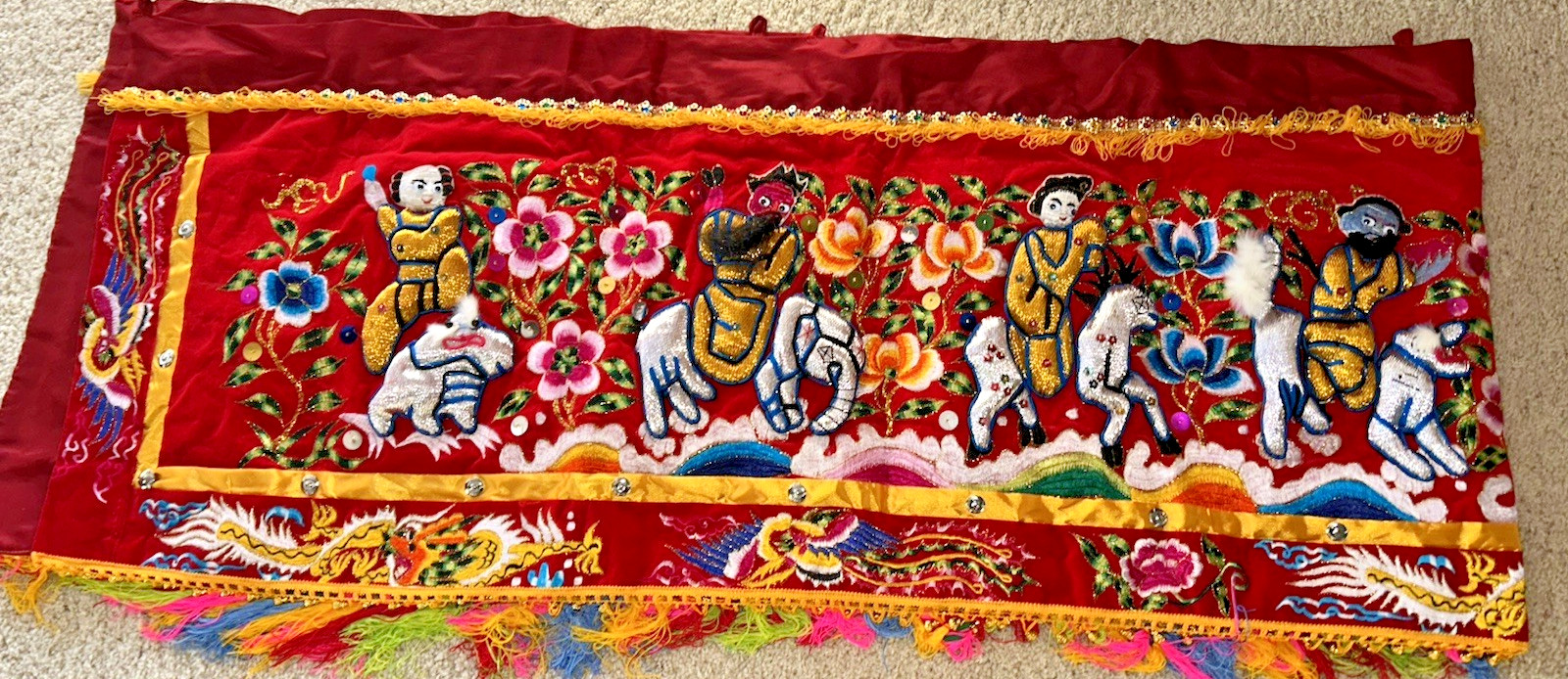 9′ LONG ASIAN WALL HANGING TAPESTRY chinese textile art BEARDS ON MEN rod Loops