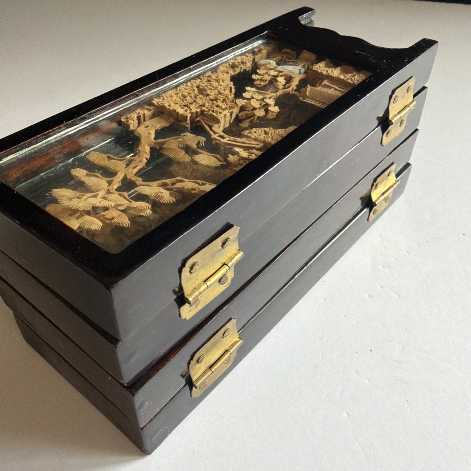 Vtg Chinese Cork Art Screen Folding 4 Panel Glass Pagoda Cranes Black Lacquer
