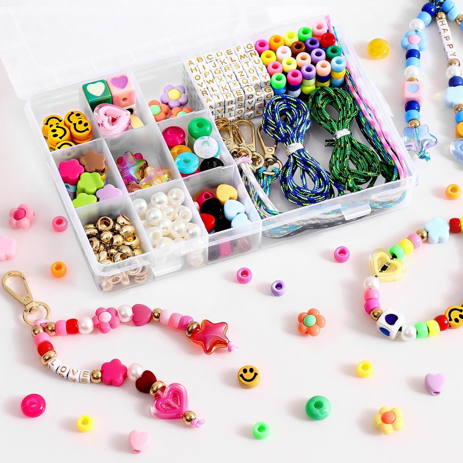 421PCS Bead Keychain Making Kit for Women Colorful Bag Charm Kit with Heart Flow