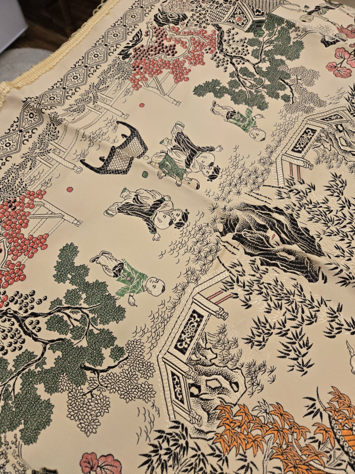 VTG NOS Brocaded Chinese Silk Tapestry Tablecloth 38″ x 38″ Late 70’s-Early 80’s