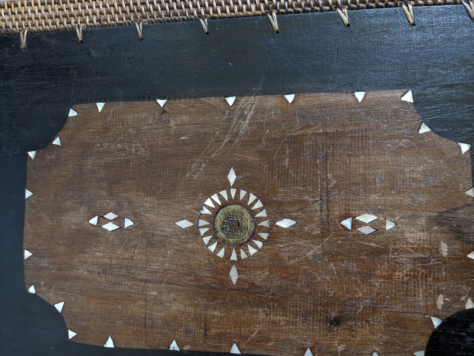 Vintage Mid Century Rattan Wood Placemats Shell Inlay Chinese Coin Boho Set of 8
