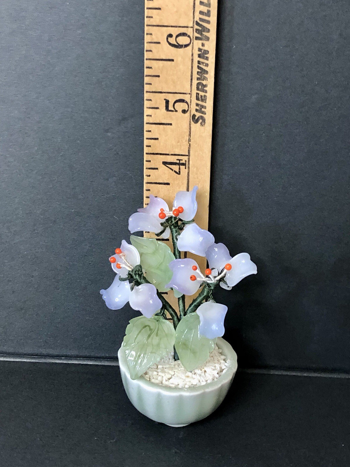 Vtg Mini Jade Glass Lavender Flower Tree Bonsai Green Celadon Planter Ornate 3”