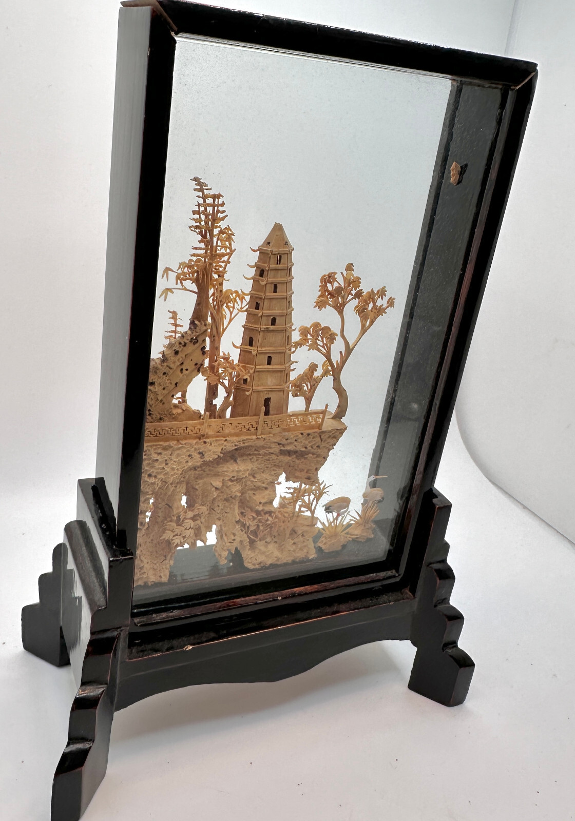 Vintage Hand-Carved Asian Cork & Wood Pagoda Diorama Black Lacquer Stand San You