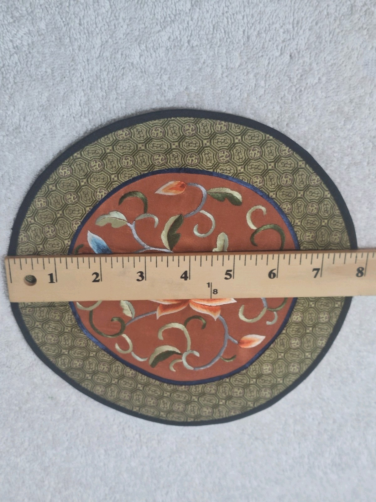 Chinese Silk Embroidered Panel 8″ Round Floral Motif Textile Art Vintage NEW