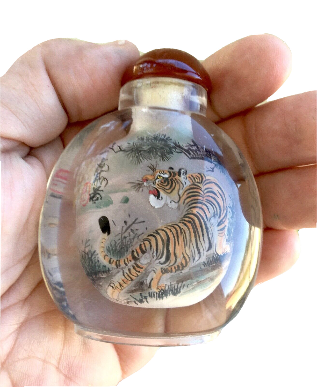 Vintage Original ‘Turning Tiger’ Hand Carved Crystal Snuff Bottle, 2-7/8″Tall