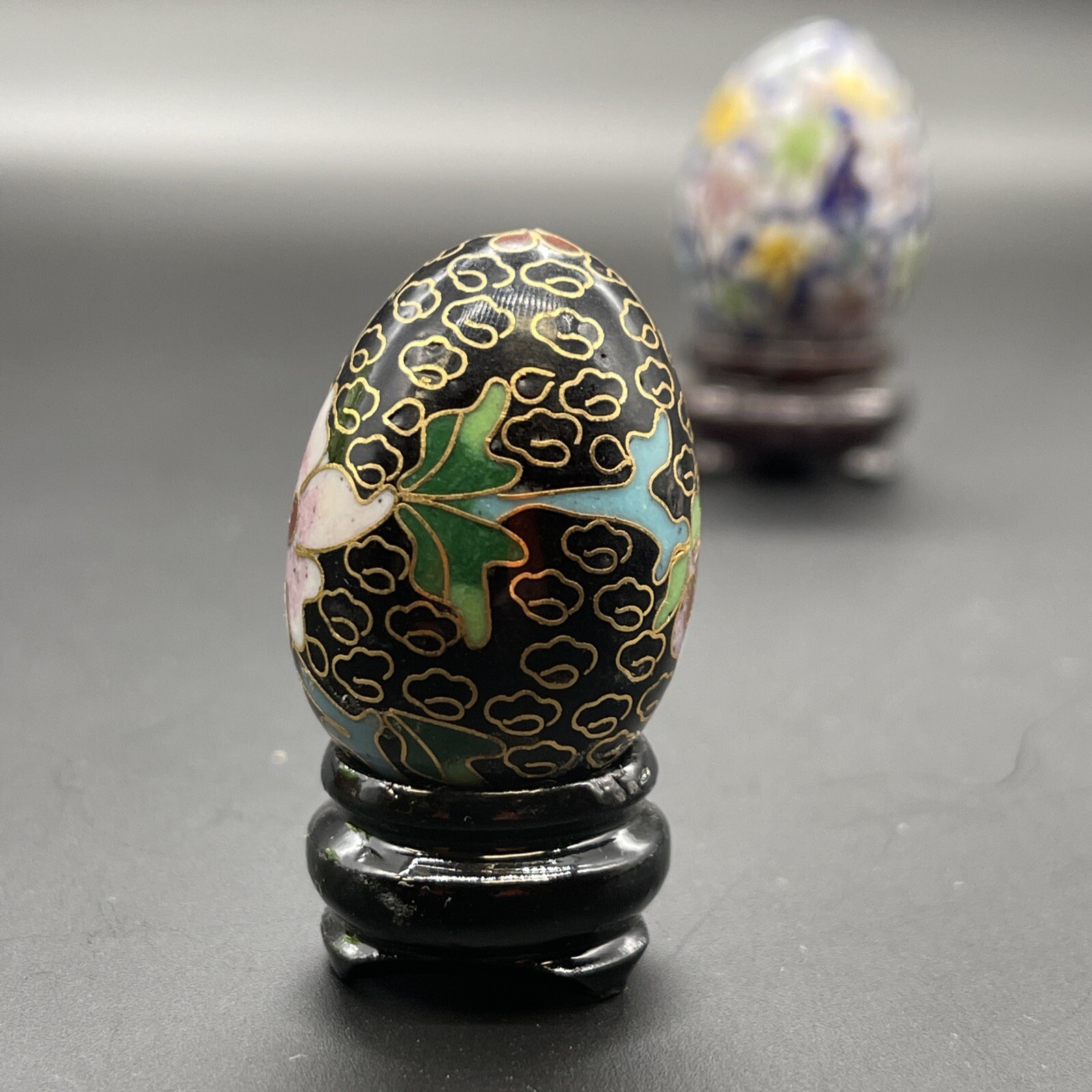 Cloisonné Eggs & Wooden Stands Floral Multicolor & Gold Design Small