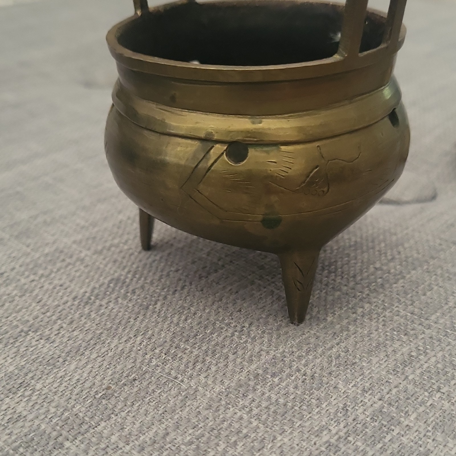Chinese Brass Tripod Incense Burner Censer w/ Lid, Stamped “CHINA”