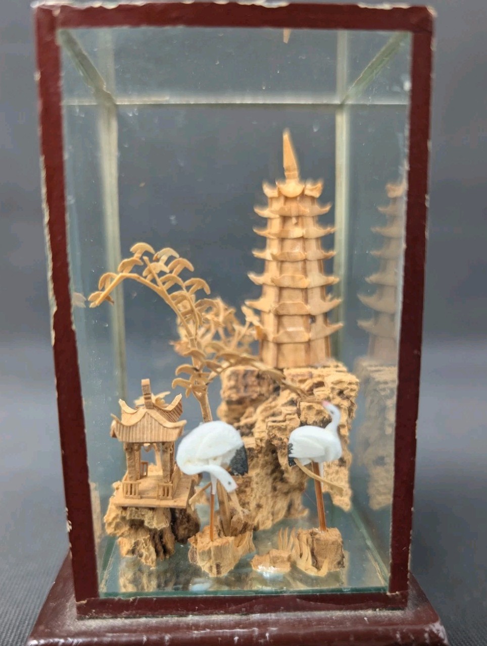 DIMINUITIVE DIORAMA! 3¾” Chinese Cork Carving VINTAGE Cranes & Village FRAMED