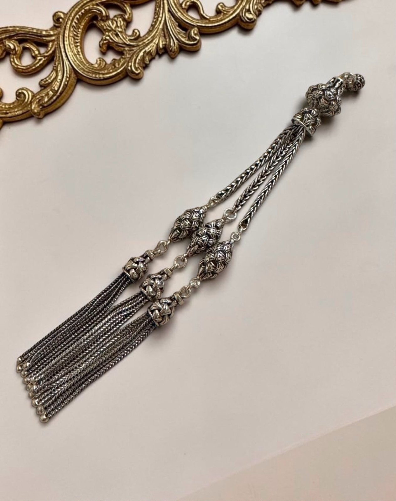 925 Sterling Silver Tasbih Tassel Handcrafted Fusion Engraved 3-Strand Misbaha