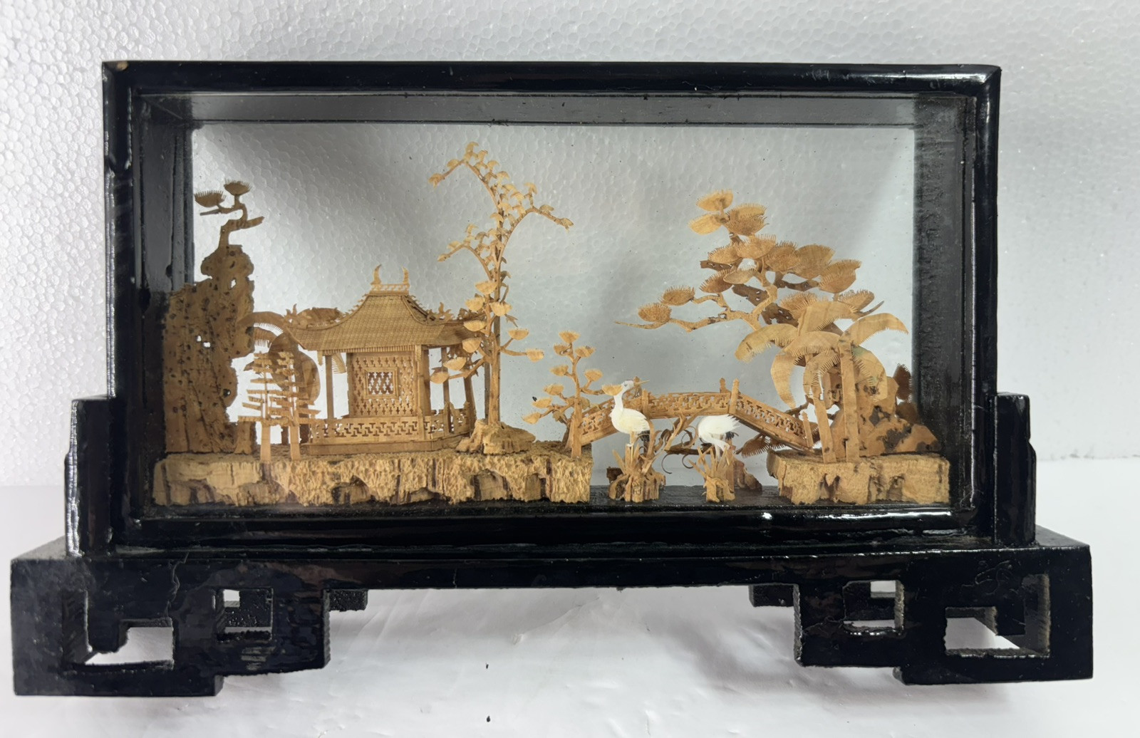 Vintage Hand-Carved Chinese Cork & Wood Diorama Encased In Glass & Wood Stand