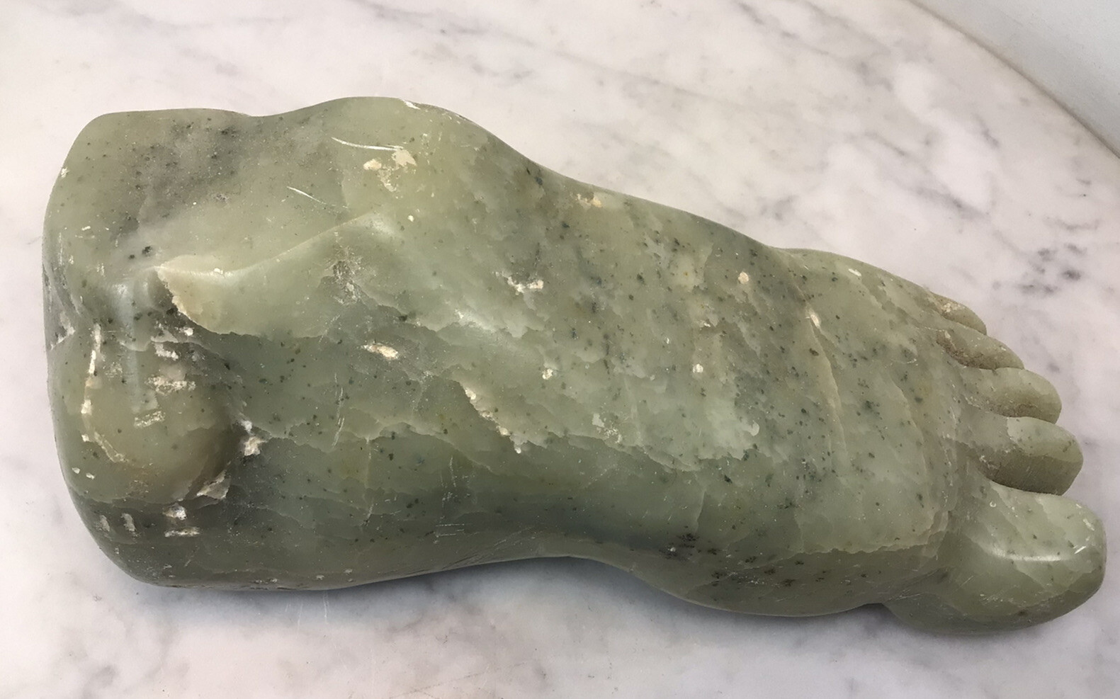 Vintage Heavy Green Stone Jade? Foot Sculpture Paperweight 8” long Rare