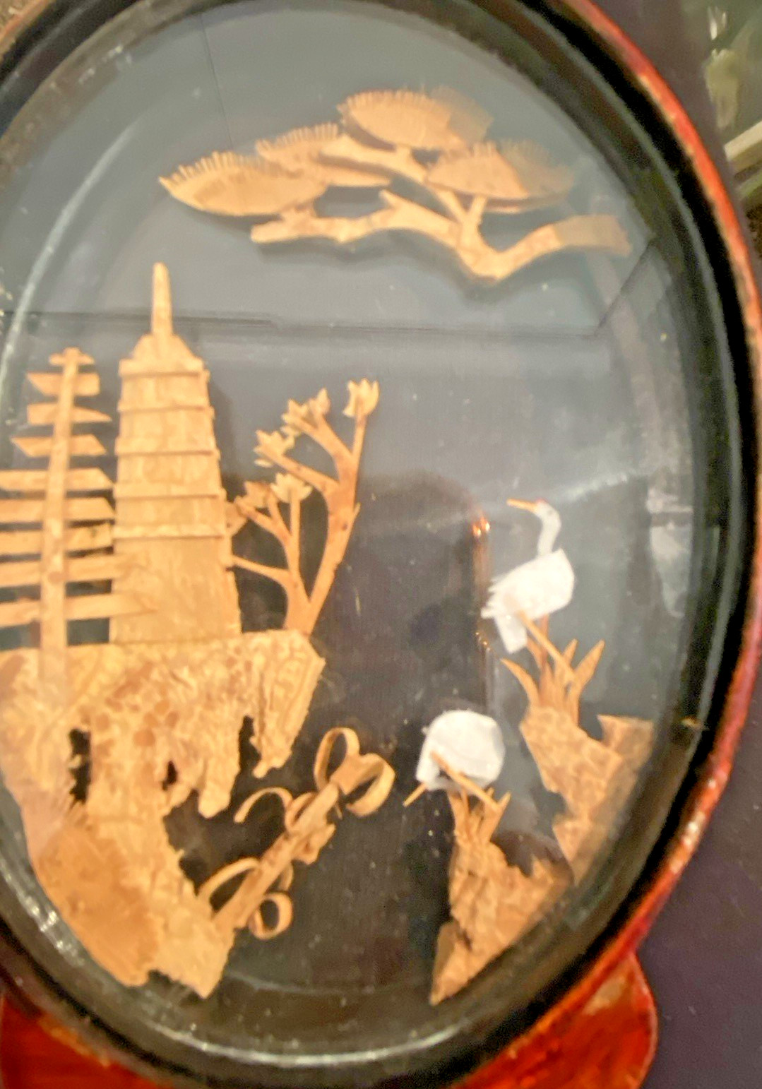 VINTAGE CHINESE DIORAMA CORK CARVING GLASS CASE PAGODA TREES & CRANES.