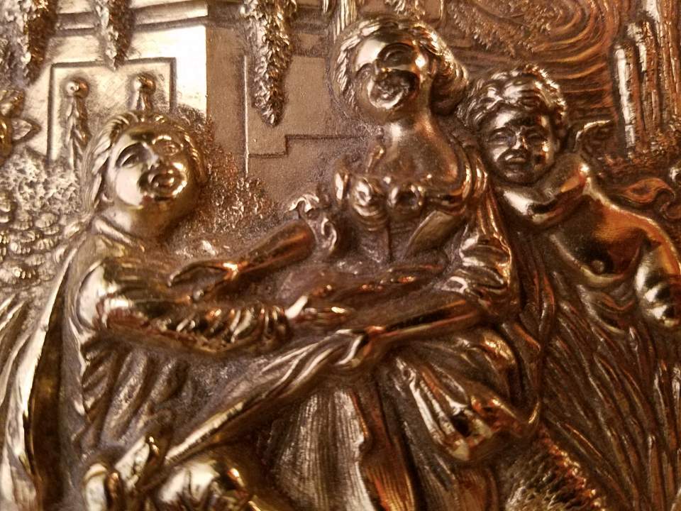 Vintage Couple with Dog & Two Cherubs Embossed Brass Trinket Box Cover Lid 6×5″