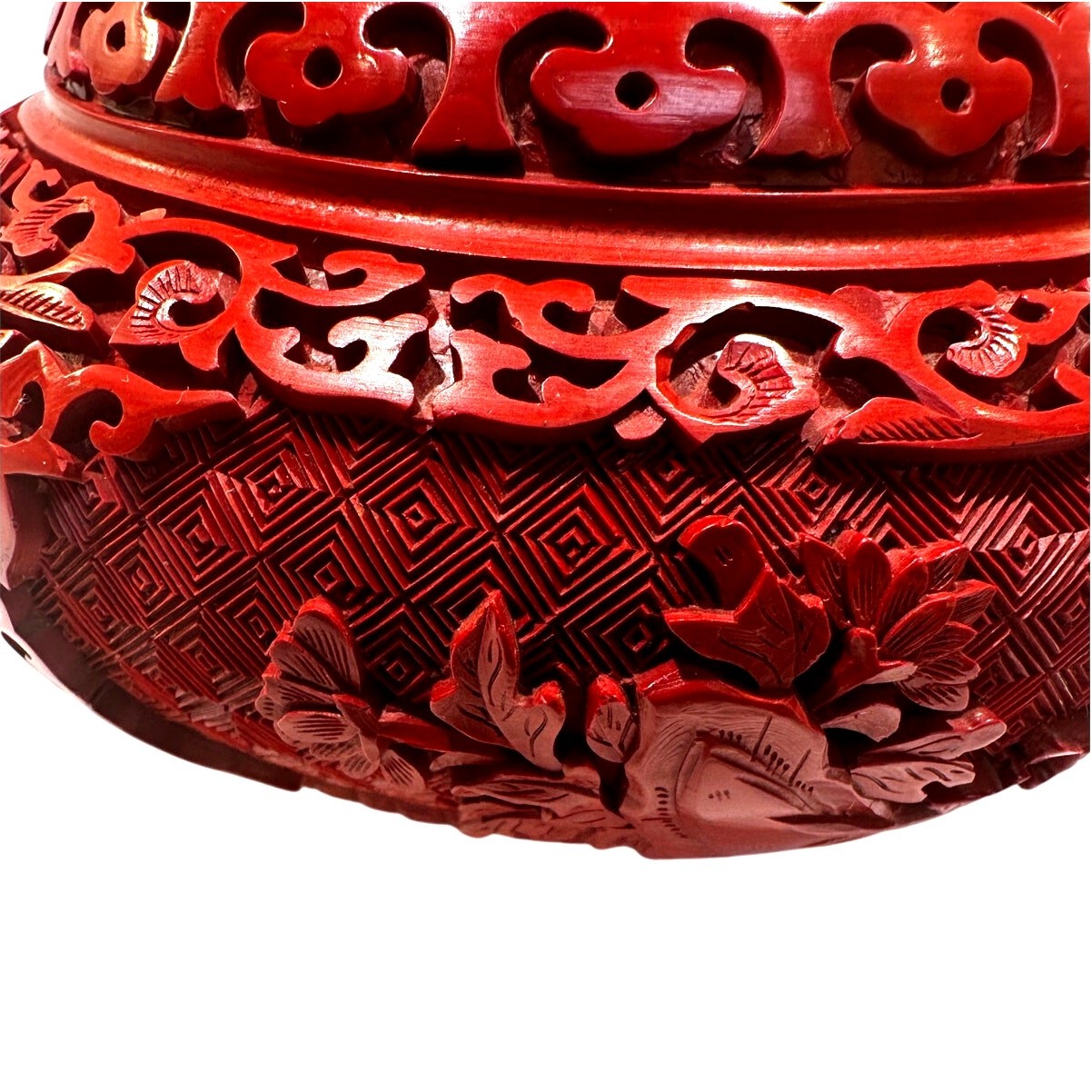 Antique Chinese Cinnabar Ornate Red Trinket Box Blue Enameled Brass Exquisite