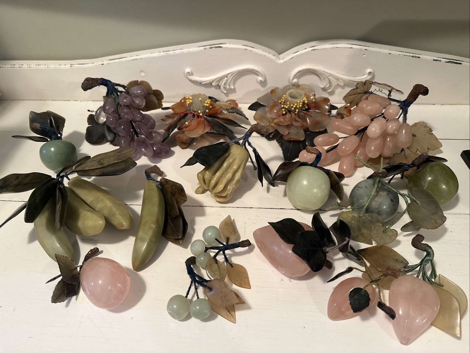 Group Chinese Carved Jade, Agate, Rose Quartz Gemstone Flowers Fruits Vegetables