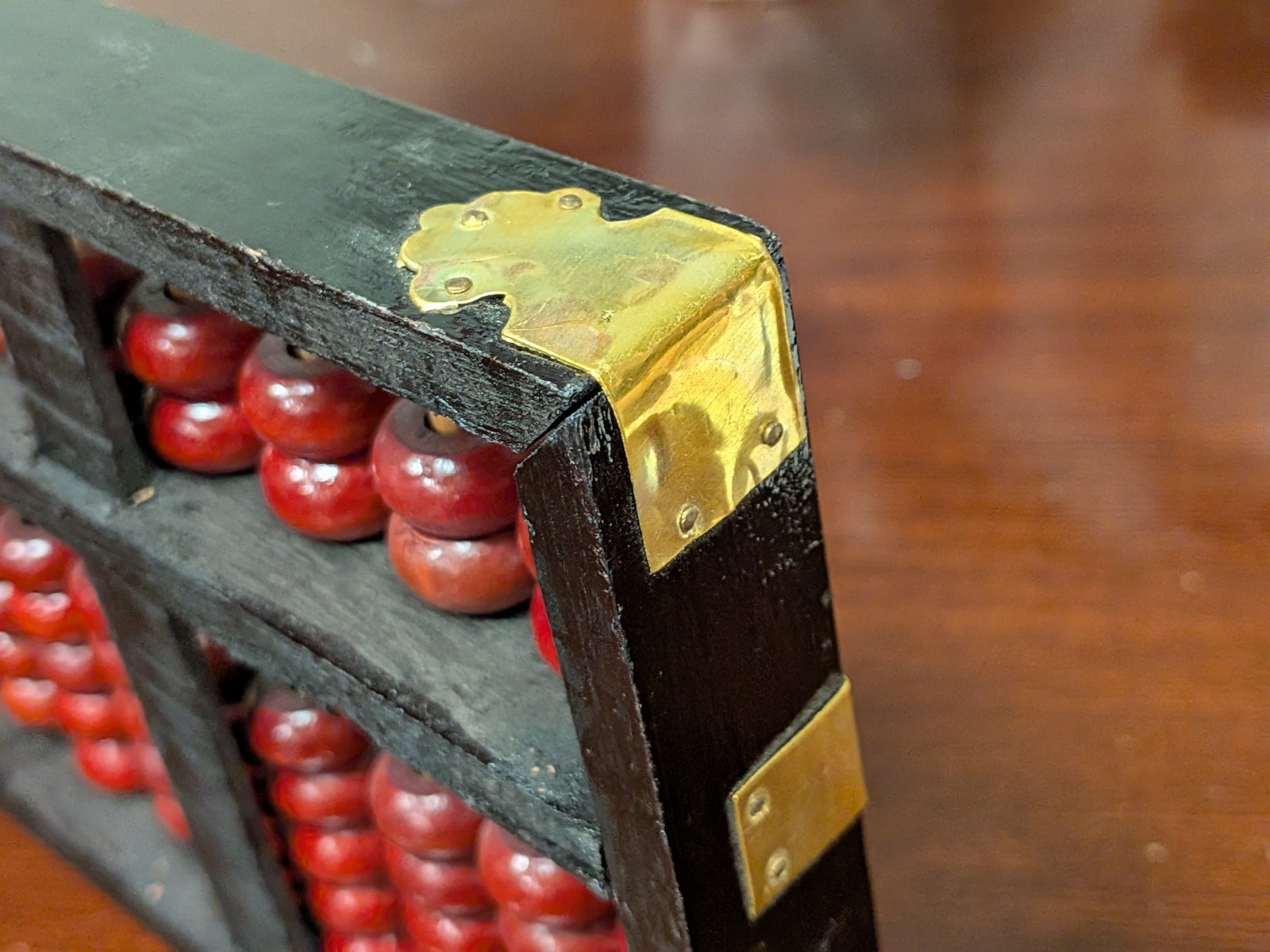 Vintage Chinese Abacus Wood & Brass Lotus Flower Brand Calculator 13 Row 91 Bead