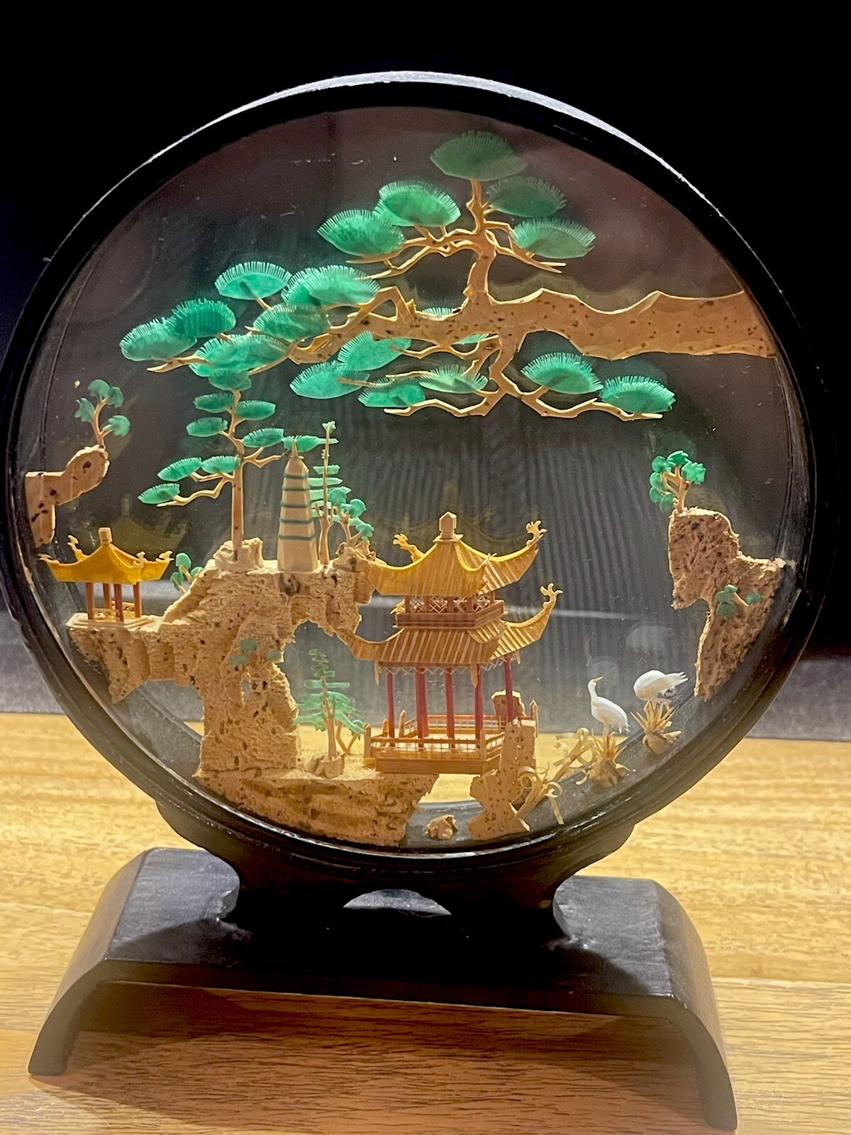 VTG PERFECT Chinese Cork Carving Lattice Pavilion Diorama Black Lacquer Frame