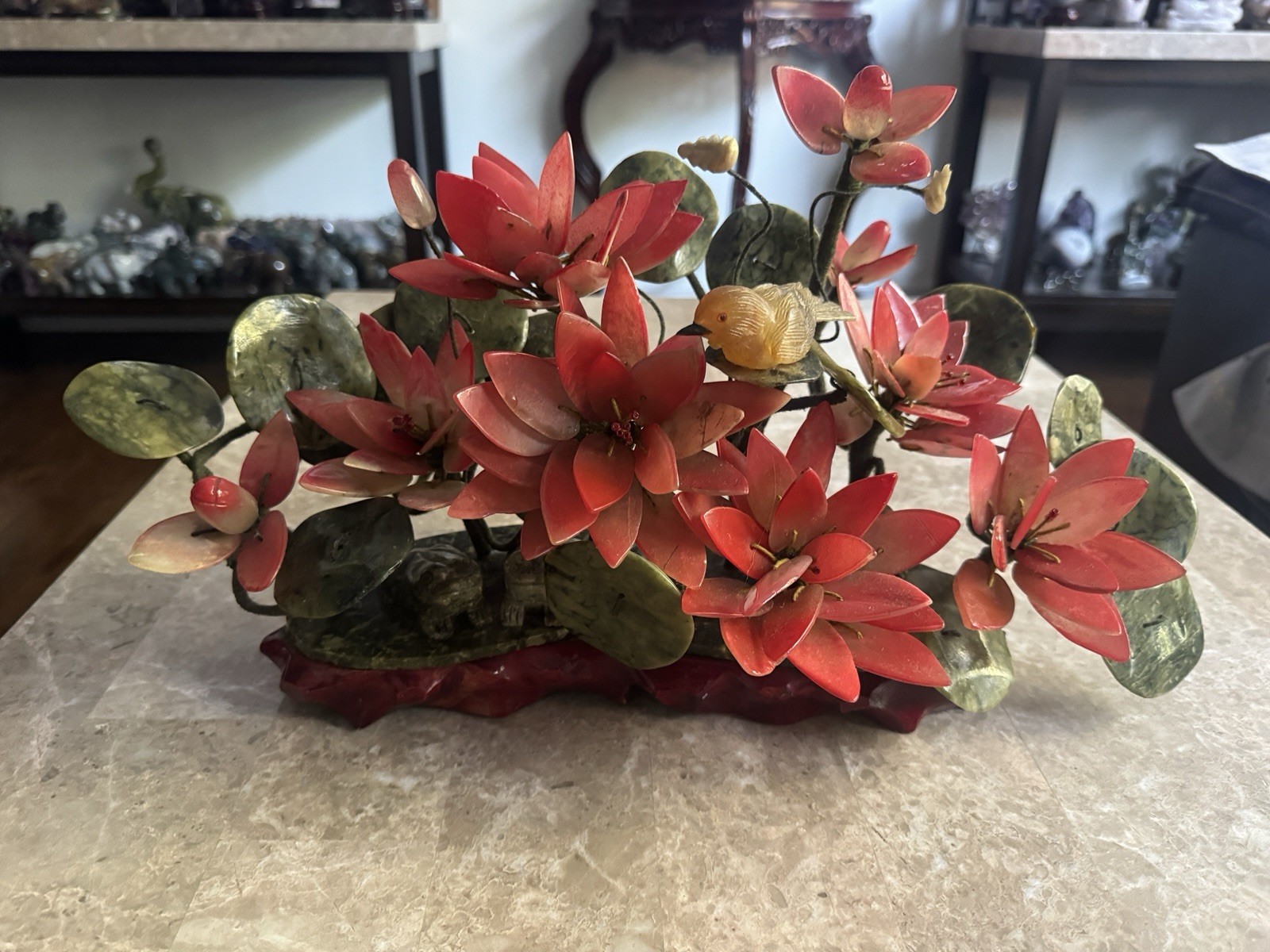 Vintage Jade & Glass Lotus Flower Bonsai Plant