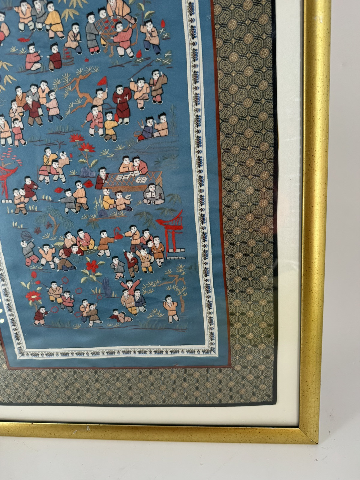 Chinese Silk Tapestry 100 Children At Play Embroidery Framed Art 16” x 29.5”