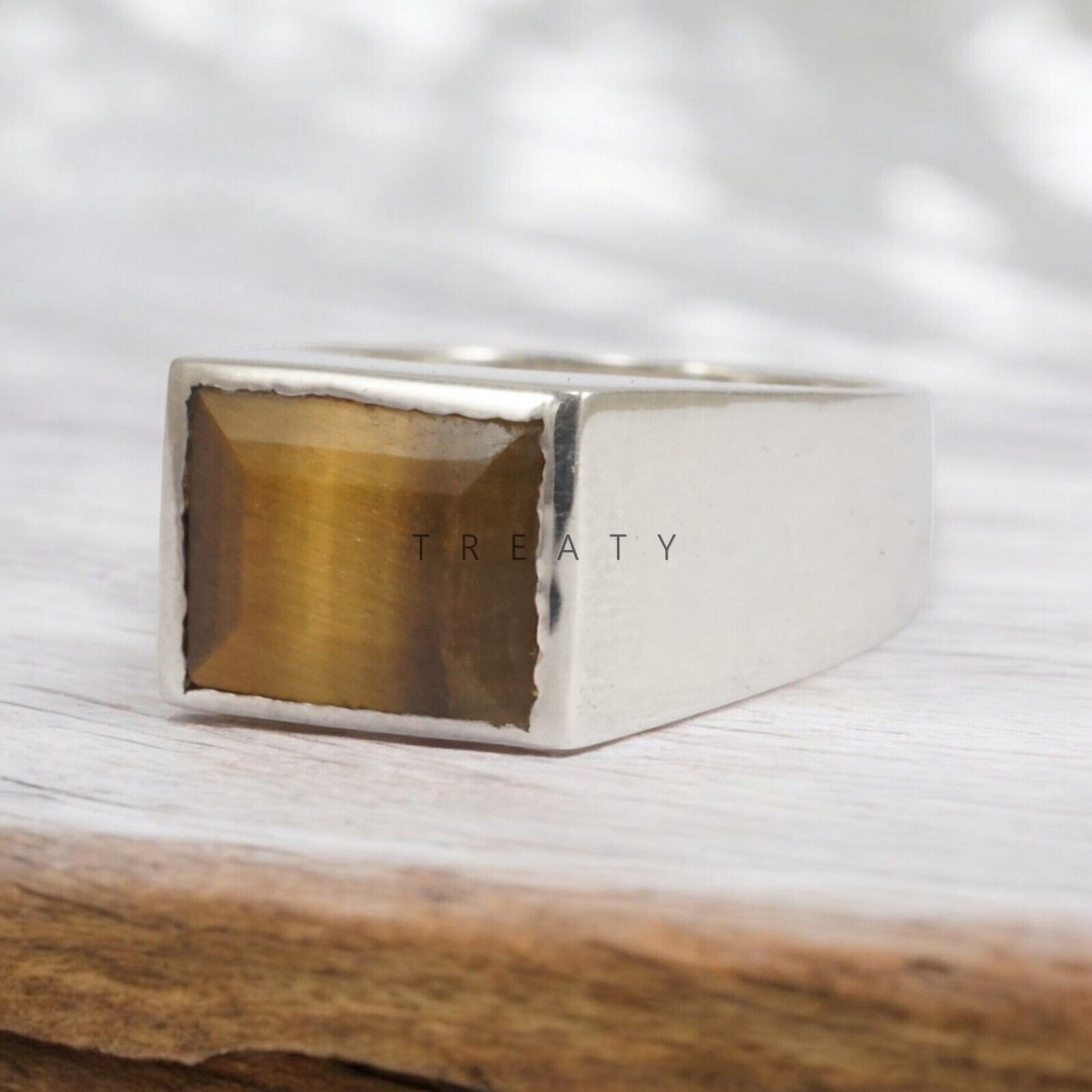 Tiger Eye Square Cut Gemstone With Solid 14K White Gold Ring For Men’s #A152 #