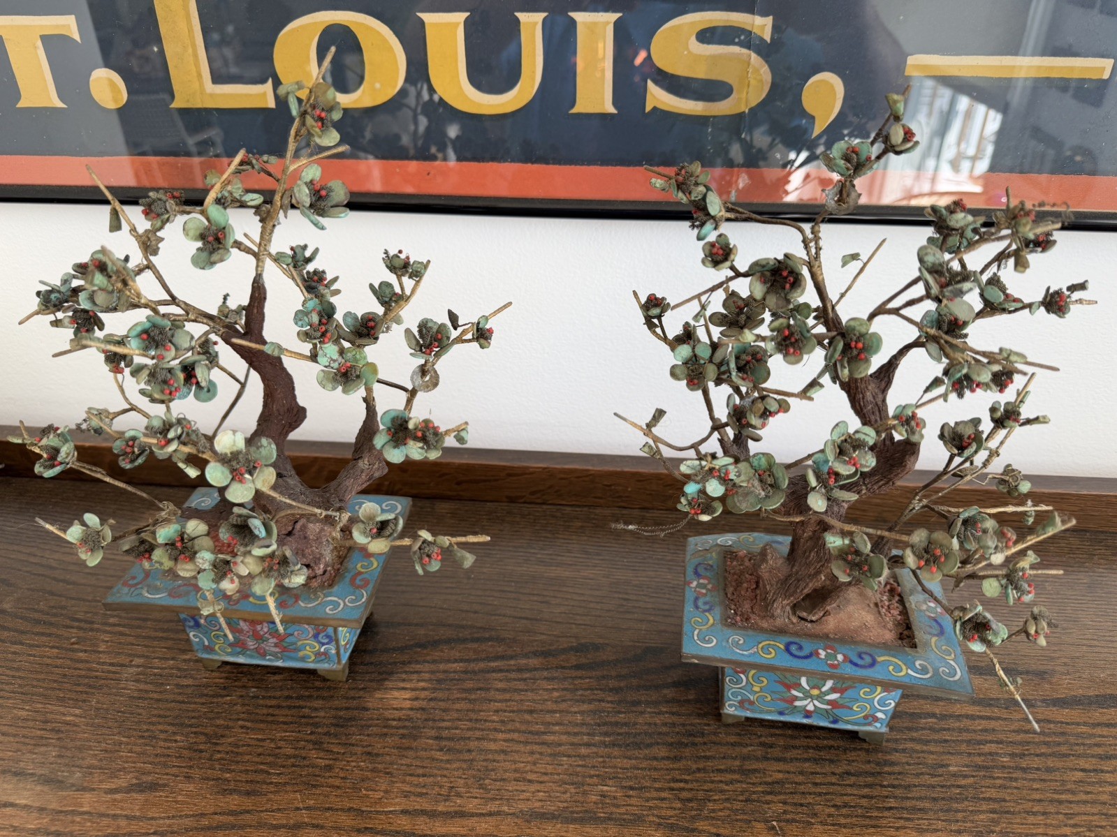 Vintage Pair of Chinese Hardstone Flower Bonsai Trees in Cloisonne Enamel Pots