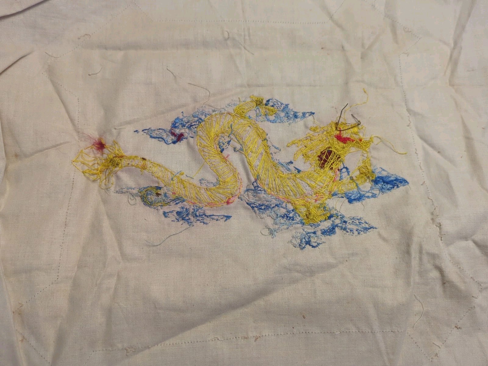 Antique Tray, Silk & Gold Thread Dragon, Framed Silk Panel