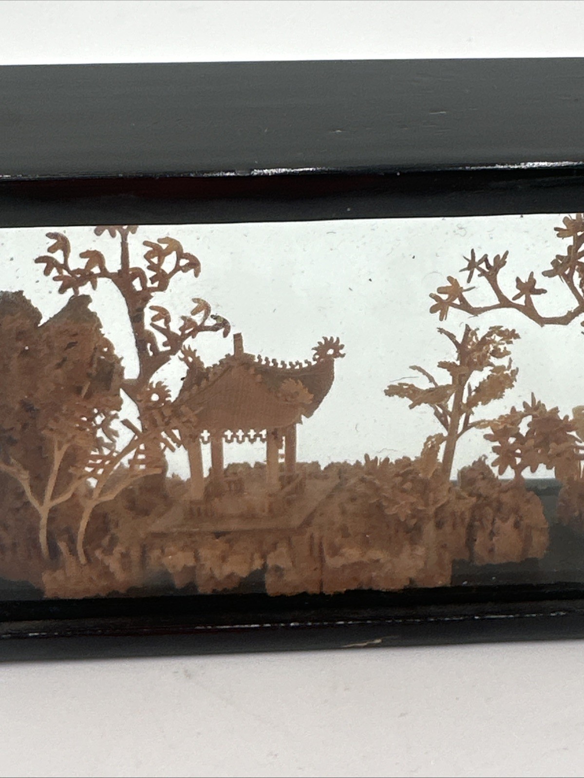 Vintage Chinese Cork Art Shadow Box Pagoda Cranes Scenic Diorama Framed C Detail