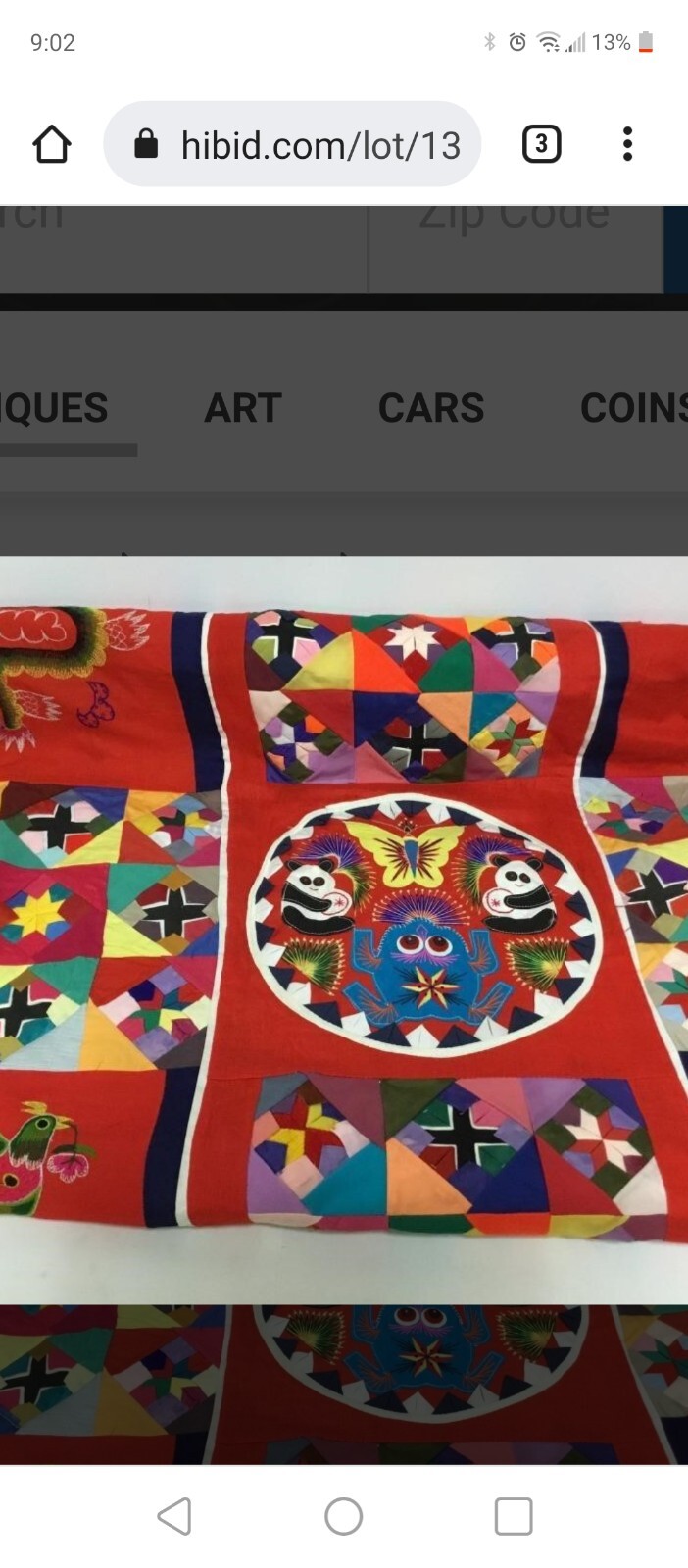Vntg multi-color Chinese “bai Jim bie” Folk Art Quilt 59” x 59” 3D Textile Art
